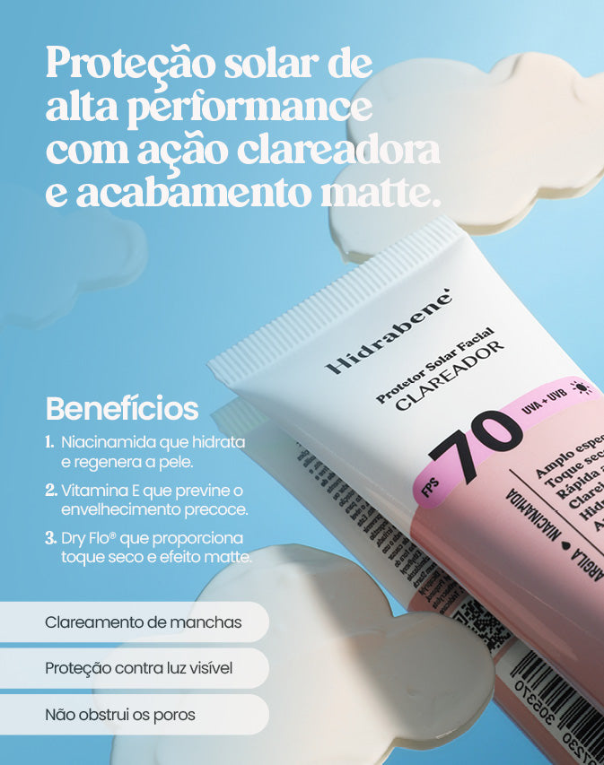 Protetor Solar Facial FPS 70 Clareador Hidrabene 4